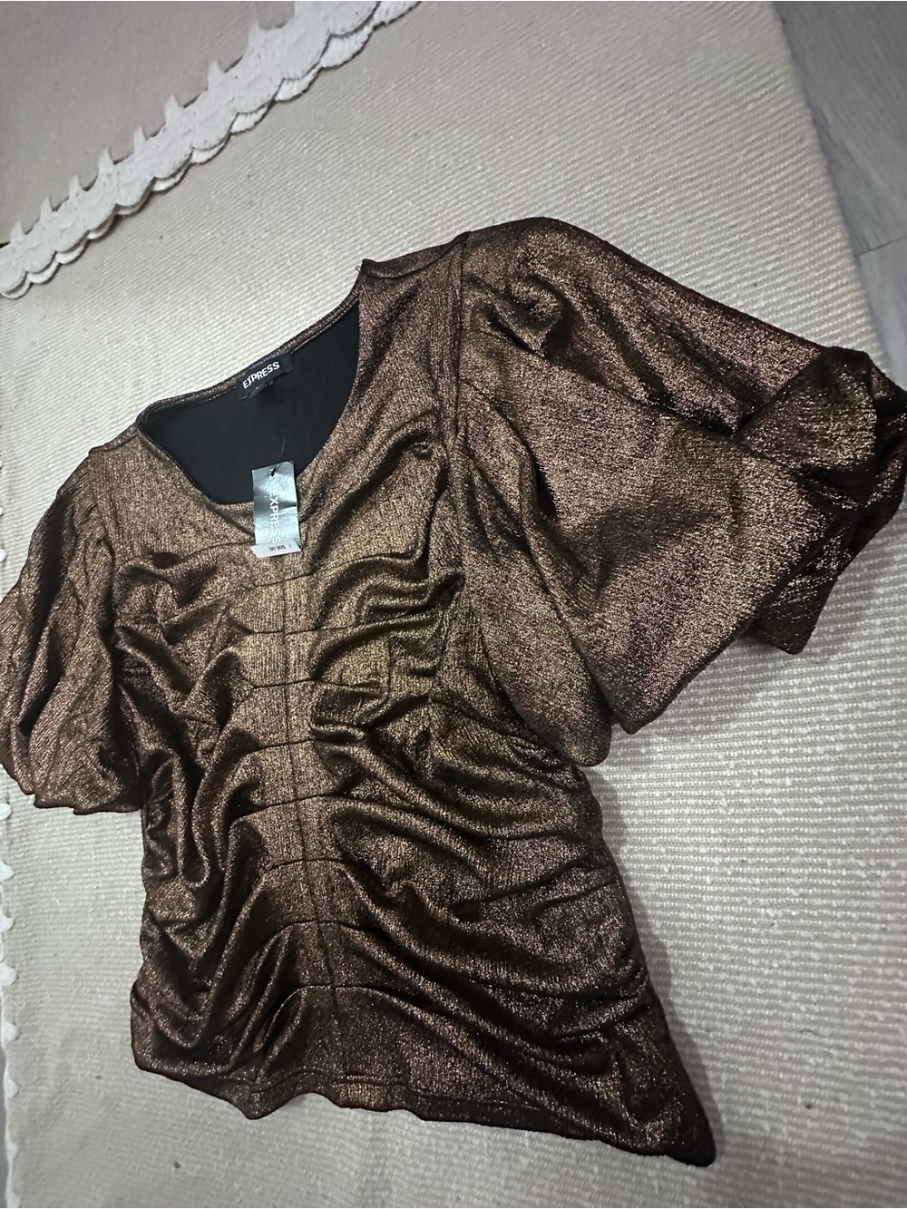 Express Metallic Brown Ruched Flutter-Sleeve Blouse